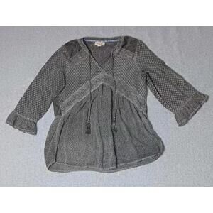 One World Tunic Top Womens Size Small Gray Distressed Lace Back Whimsy Goth Dark